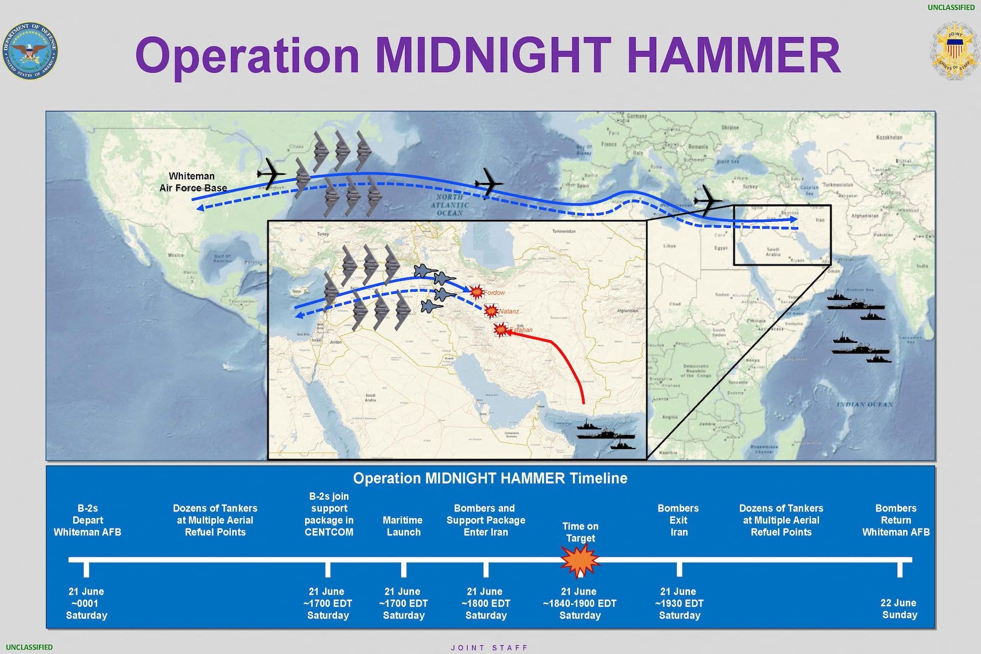 A graphic shows the timeline of "Operation Midnight Hammer", a U.S. strike on Iran's nuclear facilities, released by the U.S. Defense Department in Washington, D.C., U.S. June 22, 2025.