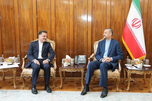 Iran's new ambassador to Beijing Mohsen Bakhtiar (left) in a meeting with Foreign Minister Hossein Amir-Abdollahian in China