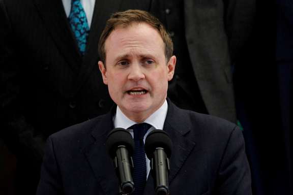 British Minister of State for Security Tom Tugendhat addresses a press conference during his visit to Nairobi, Kenya, May 10, 2023.
