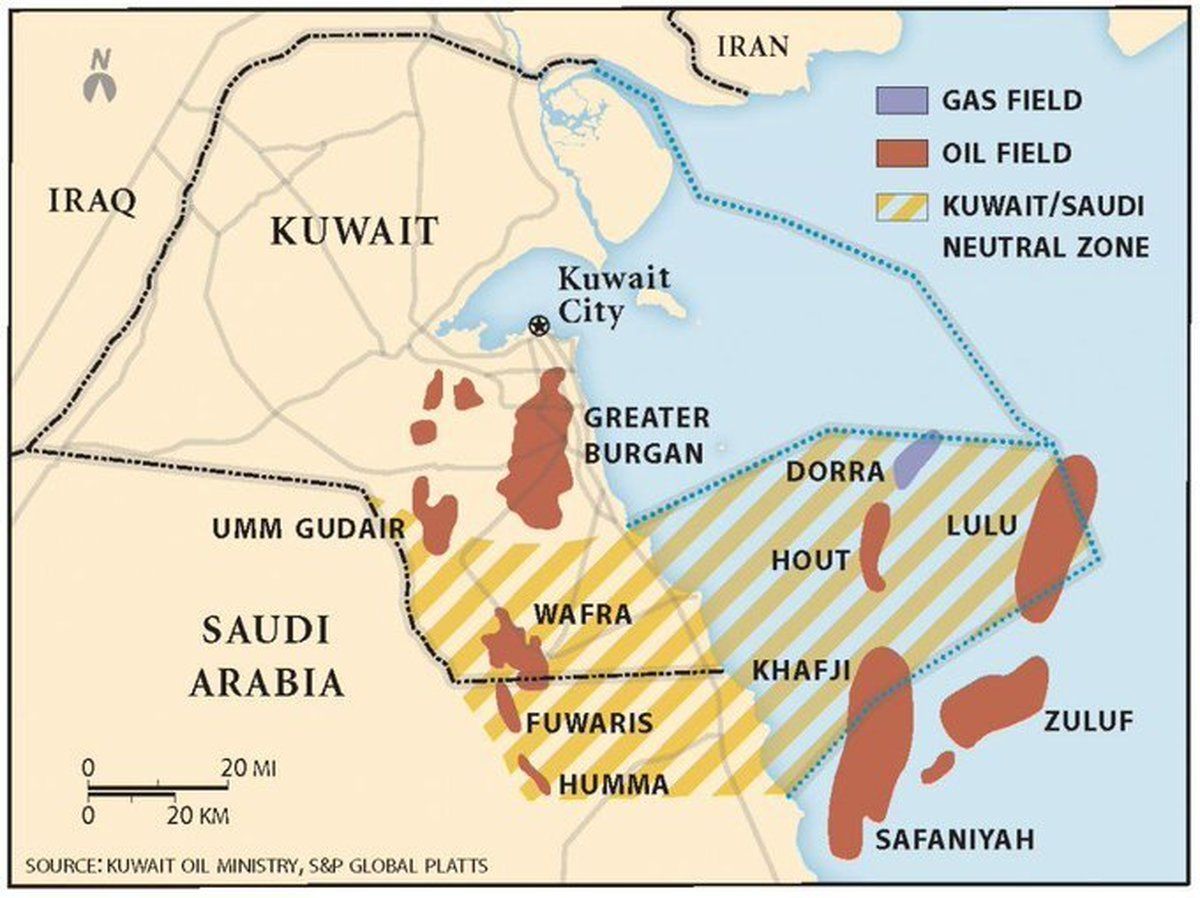 A map from Kuwait's oil ministry showing the Arash/Durra (Dorra) oil and gas field near the tip of the Persian Gulf.
