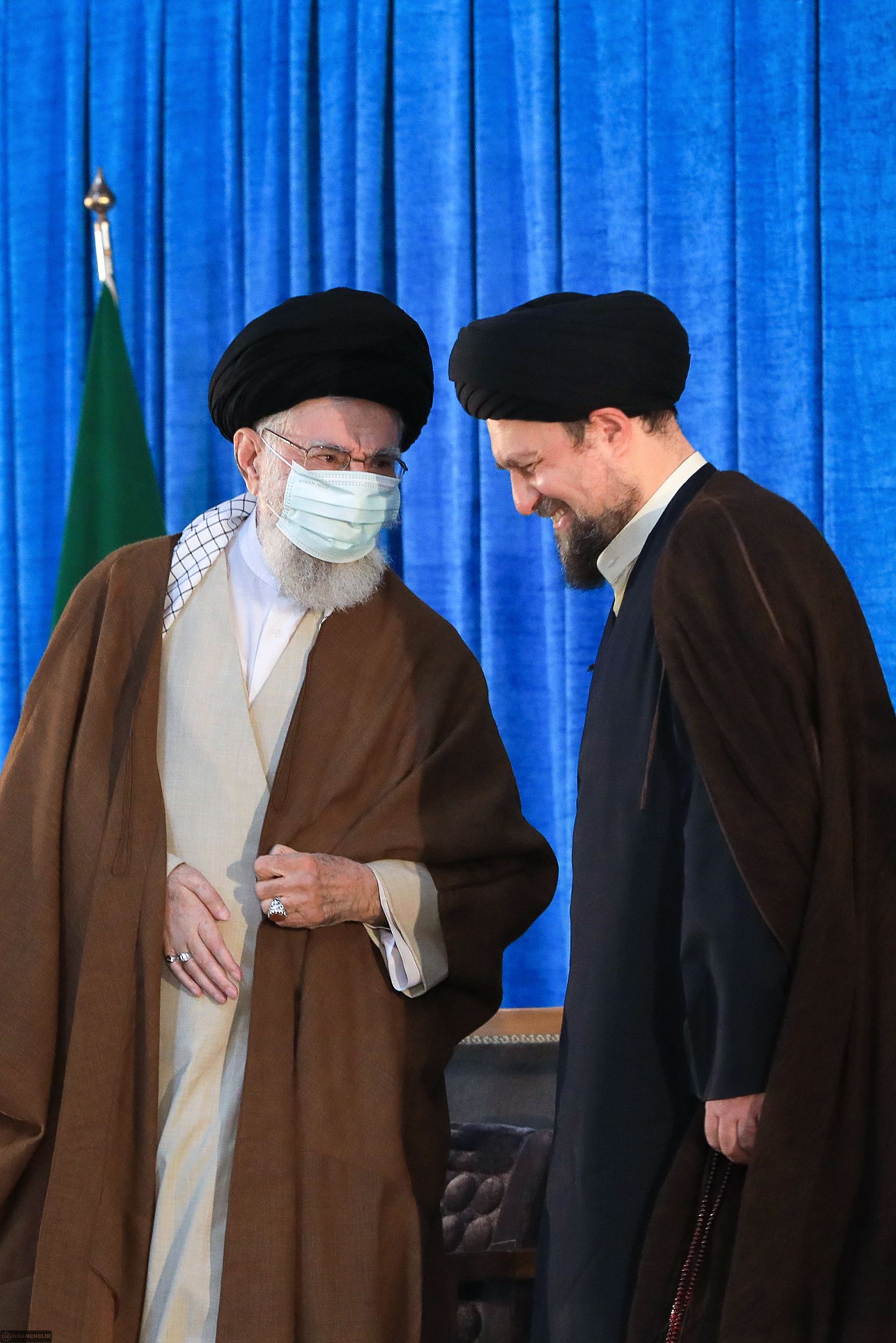 Supreme Leader Ali Khamenei talking to the grandson of Ruhollah Khomeini during a ceremony to mark 34th death anniversary of the Islamic Republic’s founder at his mausoleum near Tehran on June 4, 2023 