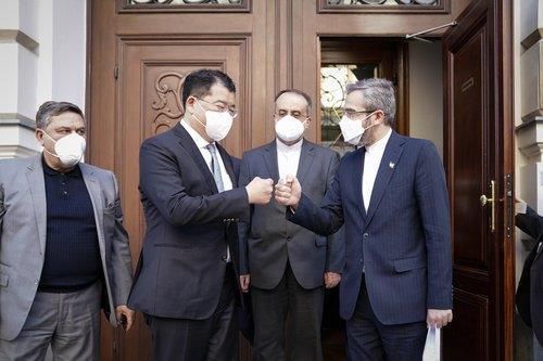 South Korea's First Vice Foreign Minister Choi Jong-kun (2nd from L) meets with his Iranian counterpart, Ali Bagheri Kani, in Vienna on Jan. 6, 2021, to discuss the issue of Tehran's frozen assets under US sanctions.
