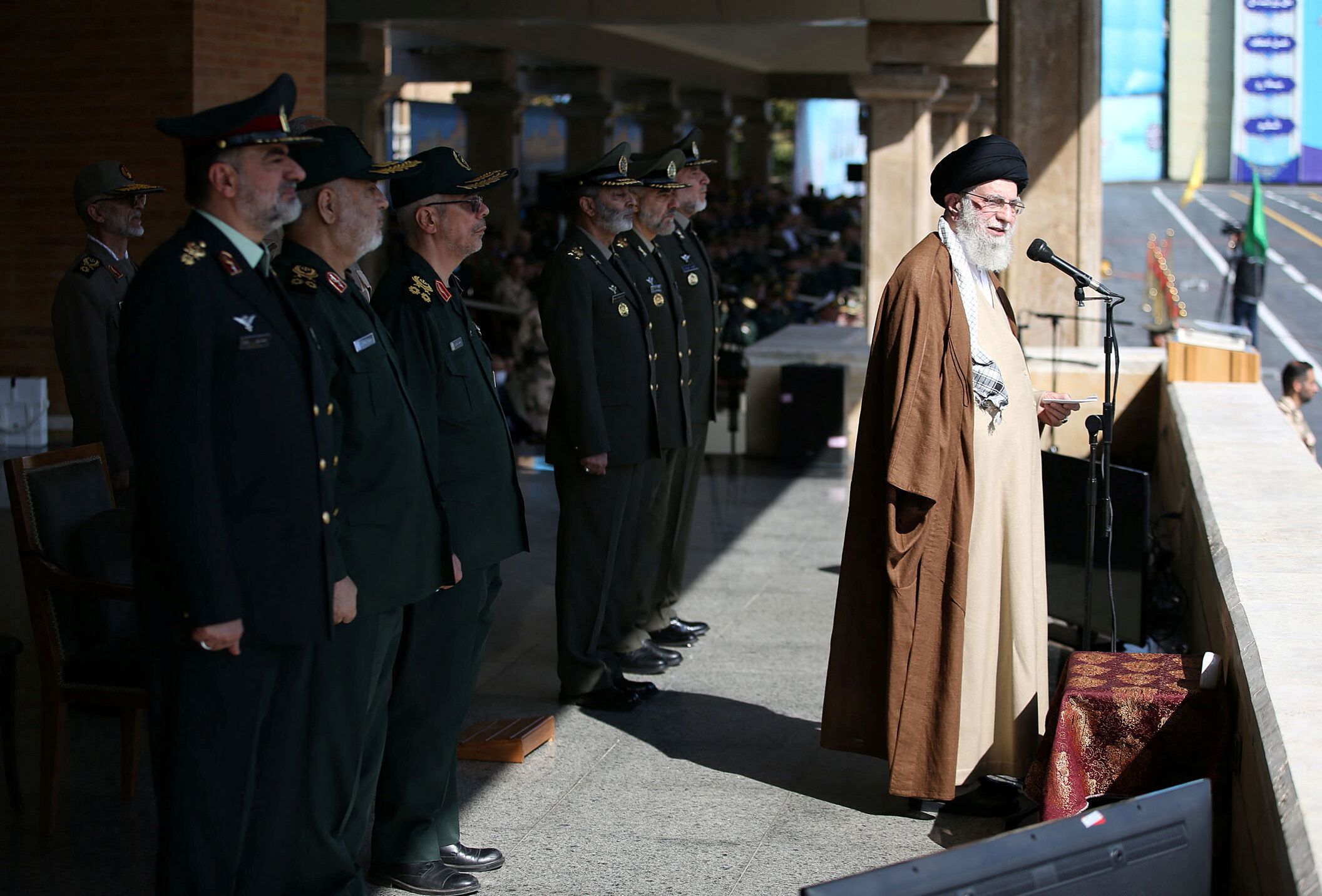 Iran’ Supreme Leader Ali Khamenei and top military commanders of the country during a military event in Tehran on October 10, 2023