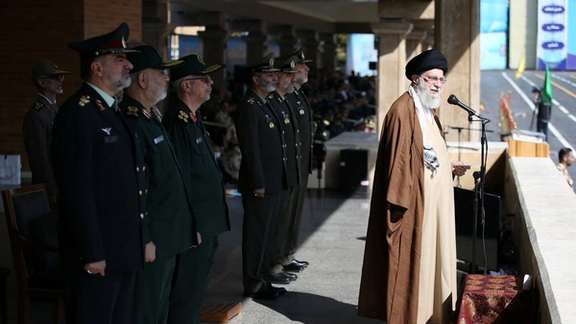 Iran’ Supreme Leader Ali Khamenei and top military commanders of the country during a military event in Tehran on October 10, 2023