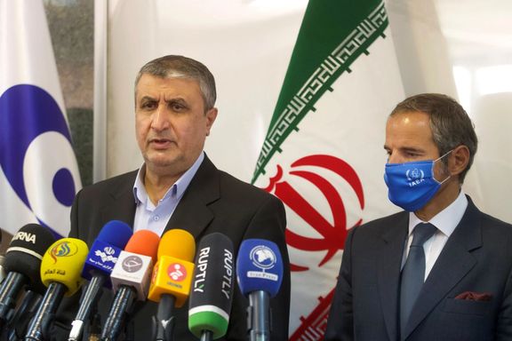 Mohammad Eslami, Iran's nuclear chief and IAEA's Rafael Grossi in Tehran in 2022