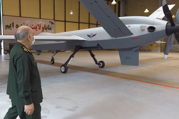IRGC chief commander Hossein Salami inspecting an Iranian drone.