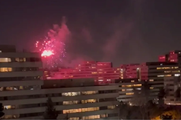Tehran's skyline lits up with regime fireworks as Iranian chant "Death to the dictator" from their windows. February 10, 2024