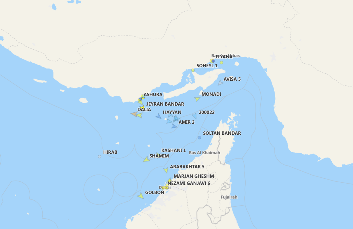 Iranian-flagged vessels are now transmitting properly over AIS without spoofing. Screengrab from MartineTraffic.org
