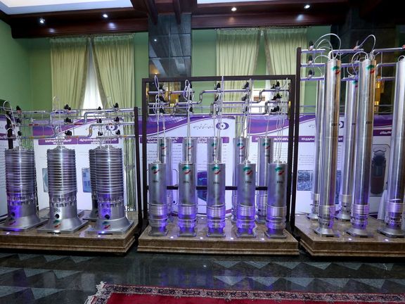 Iranian uranium enrichment machines displayed in April 2022