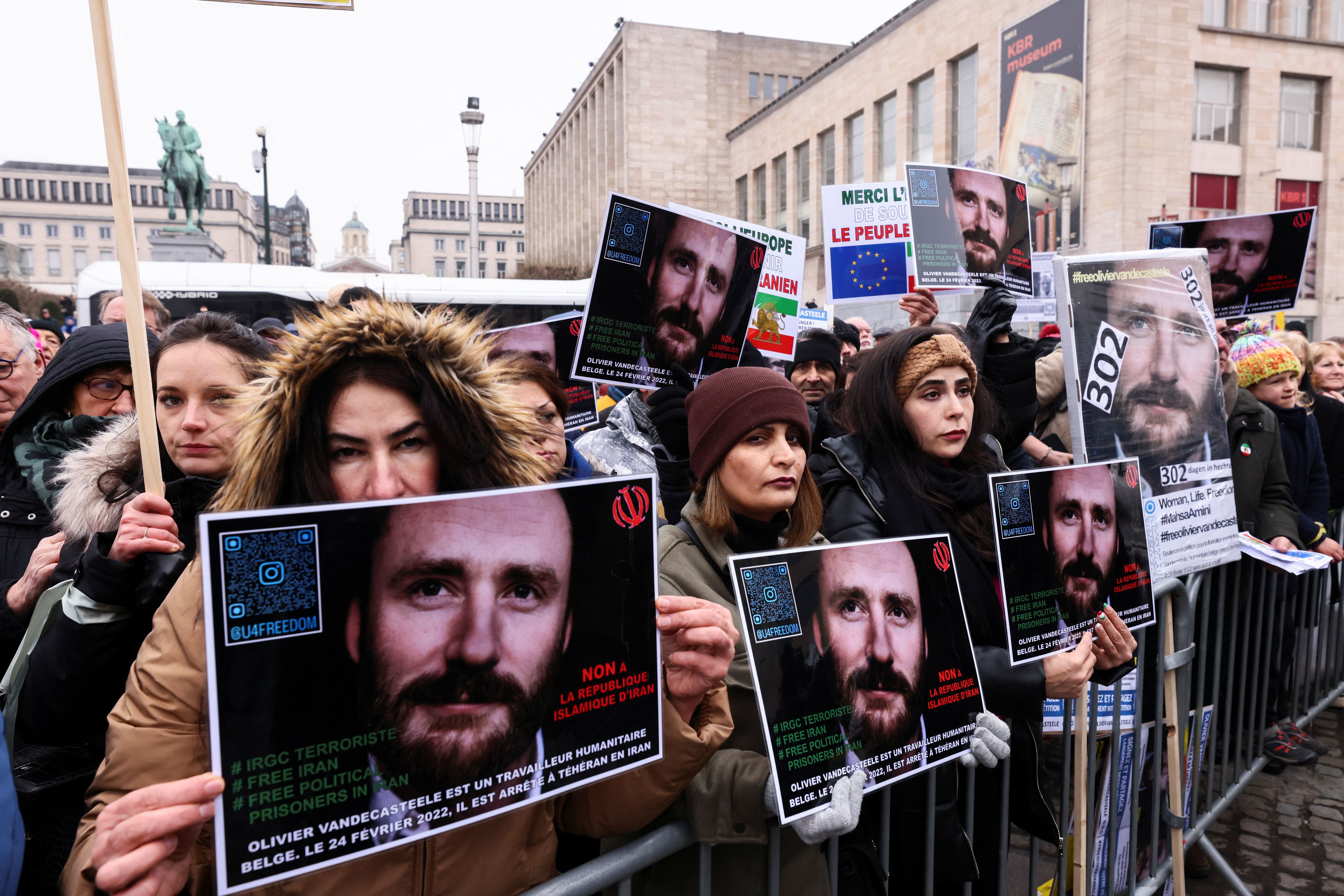 People protest against the detention of Belgian aid worker Olivier Vandecasteele in Iran. 