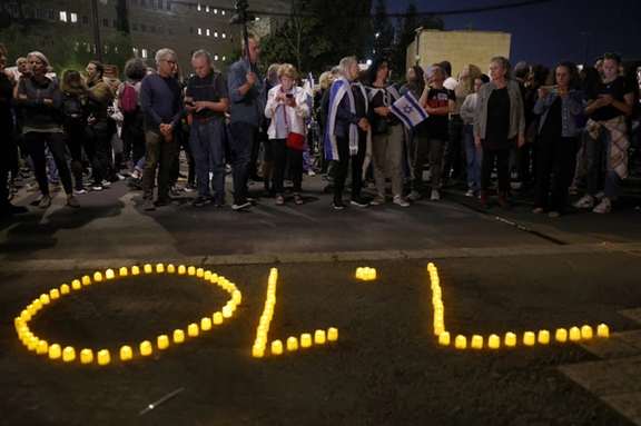 People attend a rally outside the Knesset to put pressure on the government to secure the release of the hostages held by Hamas in Gaza. Nov. 7, 2023