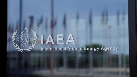 The logo of the International Atomic Energy Agency (IAEA) at their headquarters in Vienna, Austria, April 11, 2024