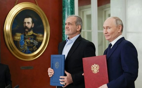 Russian President Vladimir Putin and Iranian President Masoud Pezeshkian attend a ceremony to sign an agreement of comprehensive strategic partnership between the two countries, at the Kremlin in Moscow, Russia January 17, 2025