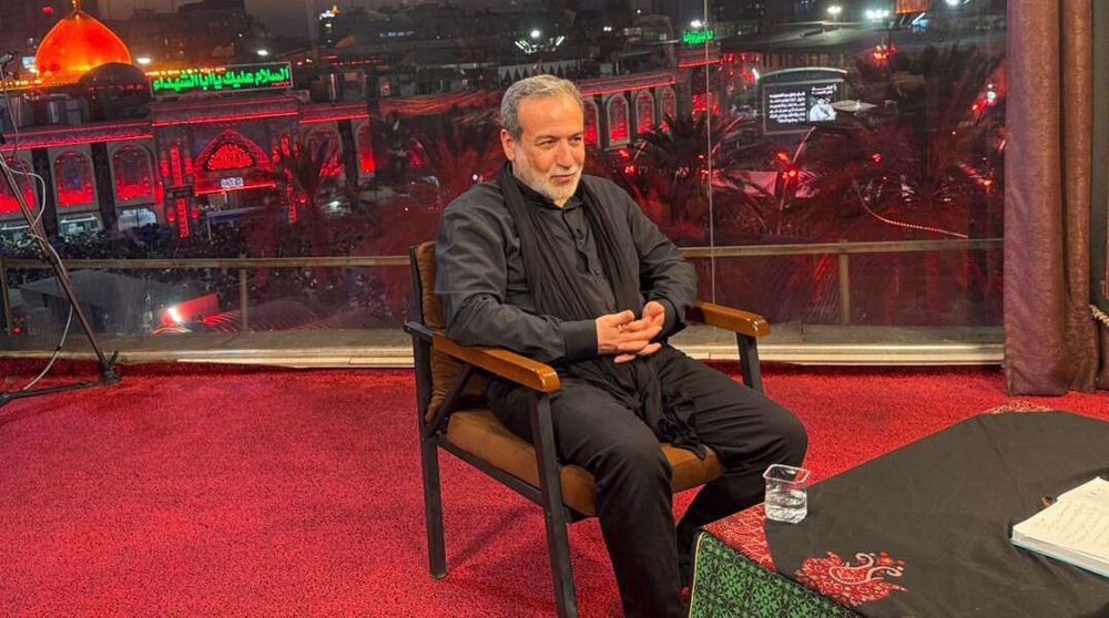Iranian Foreign Minister Abbas Araghchi during an interview with state television in the Iraqi city of Karbala on August 14, 2025 