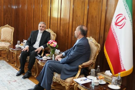 Iran’s ambassador to Australia Ahmad Sadeghi (left) during a meeting with Iranian Foreign Minister Hossein Amir-Abdollahian in Tehran