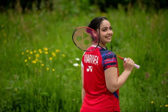 Dorsa Yavarivafa, badminton player selected to represent the IOC Refugee Olympic Team in the Paris 2024 games, poses for portraits in London, Britain, May 21, 2024.