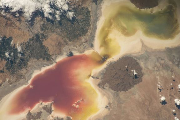 Lake Urmia in northwest Iran, once one of the biggest saltwater lakes in the world, is pictured from the International Space Station as it orbited 258 miles above.