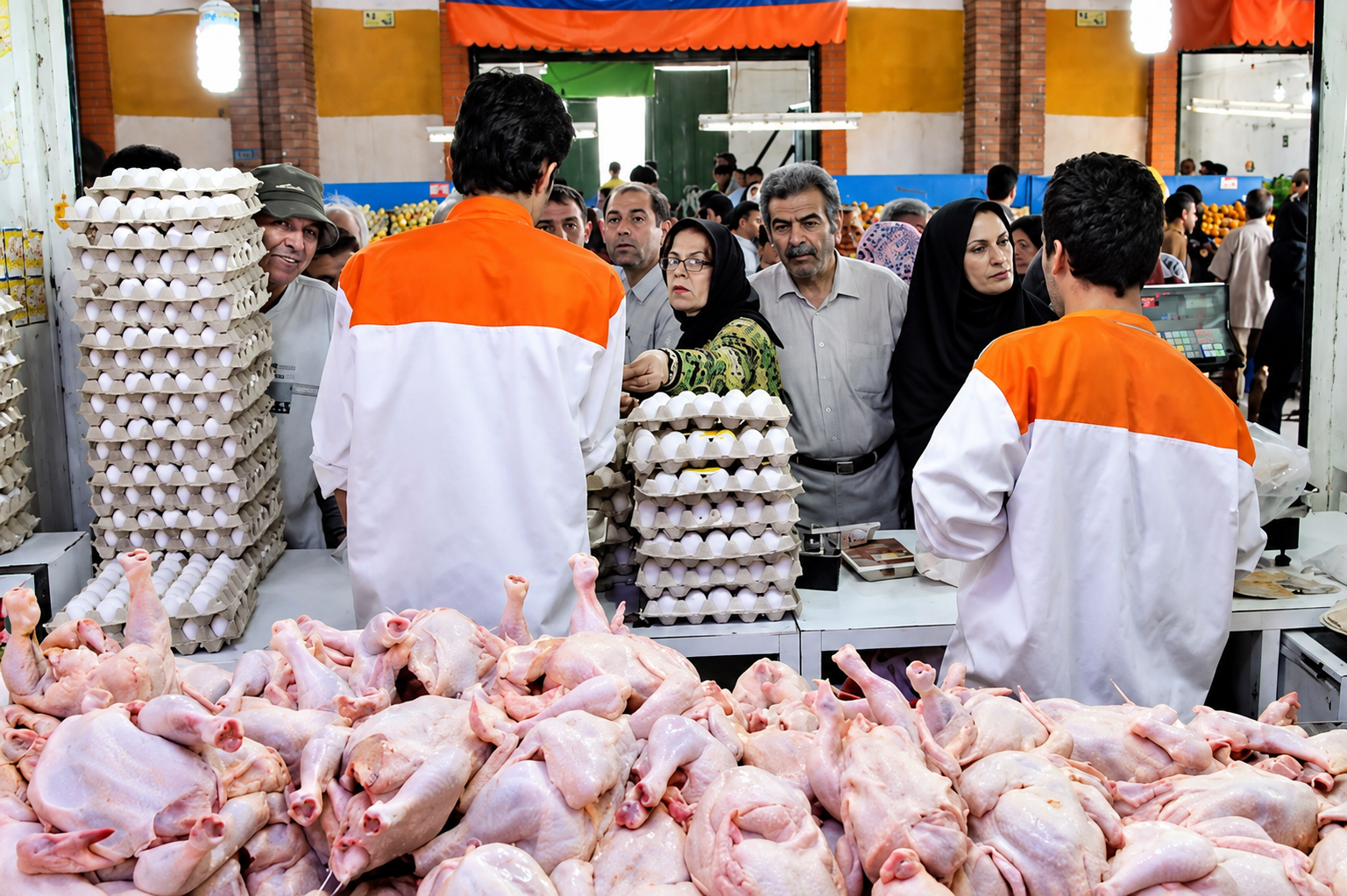 Customers buy chicken and eggs at a food market in Iran.