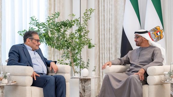 President of the United Arab Emirates Sheikh Mohamed bin Zayed Al Nahyan meets with Iran's top security official Ali Shamkhani, in Abu Dhabi, United Arab Emirates, March 16, 2023.