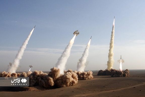 File photo of several Iranian missiles being fired during war games