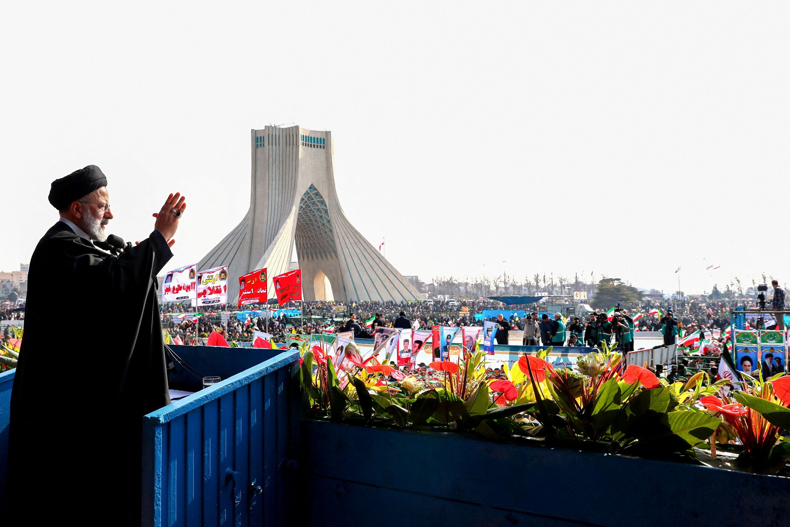 Iranian President Ebrahim Raisi addressing a demonstration at Tehran’s Azadi square to commemorate the 45th anniversary of the establishment of the Islamic Republic, February 11, 2024     