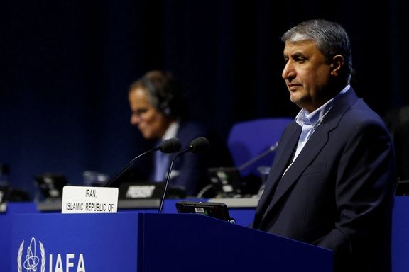 Head of Atomic Energy Organization of Iran Mohammad Eslami and International Atomic Energy Agency Director General Rafael Grossi attend the opening of the IAEA General in Vienna, September 26, 2022