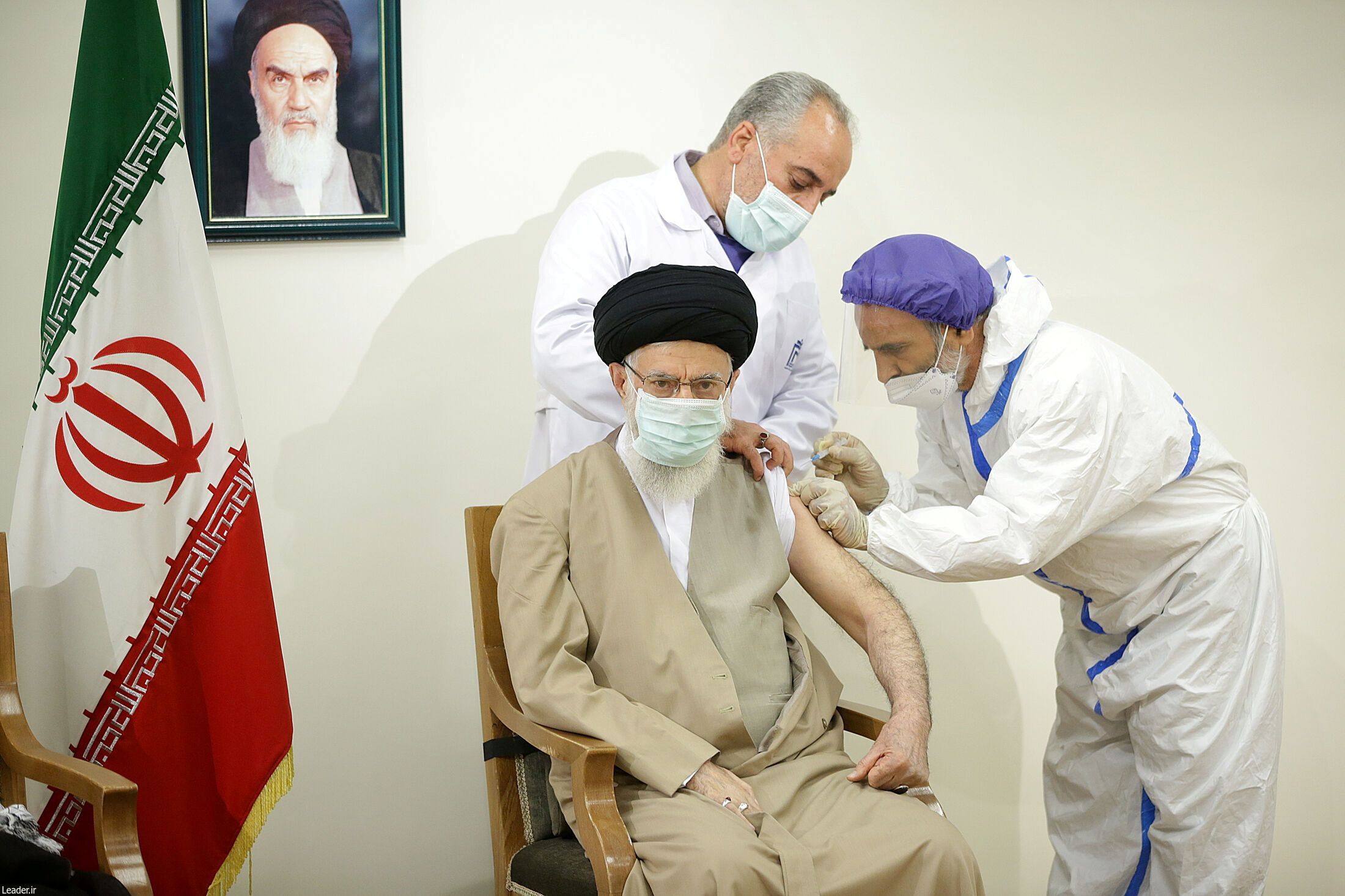 Iran's Supreme Leader Ali Khamenei receives his first dose of the COVIran Barakat vaccine, developed by a state-affiliated conglomerate, in Tehran, Iran June 25, 2021. 