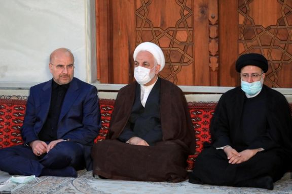 Iran’s Parliament Speaker Mohammad-Bagher Ghalibaf (left), Chief Justice Gholam-Hossein Mohseni-Ejei (center) and President Ebrahim Raisi during a ceremony to mark 34th death anniversary of the Islamic Republic’s founder Ruhollah Khomeini at his mausoleum near Tehran on June 4, 2023