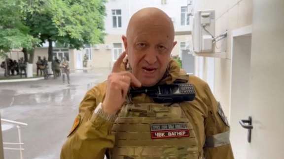 Wagner's Yevgeny Prigozhin speaks inside the headquarters of the Russian southern army, June 24, 2023