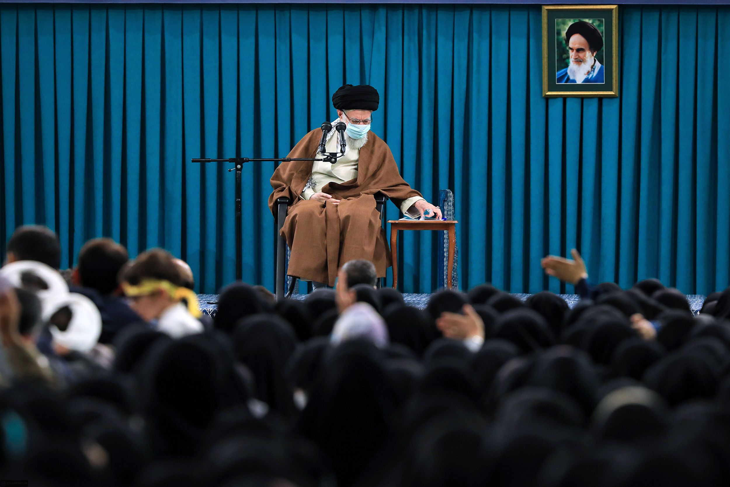Iran’s Supreme Leader Ali Khamenei during a meeting with a group of teachers on the occasion of the Islamic Republic’s National Teachers’ Day on May 2, 2023 