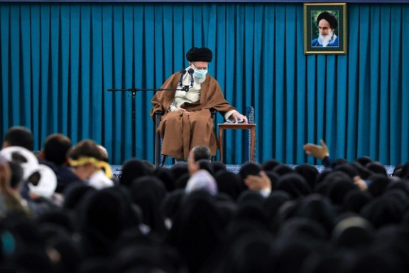 Iran’s Supreme Leader Ali Khamenei during a meeting with a group of teachers on the occasion of the Islamic Republic’s National Teachers’ Day on May 2, 2023