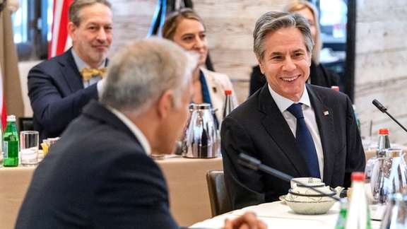 US Secretary of State Antony Blinken with his Israeli counterpart Yair Lapid on Monday.