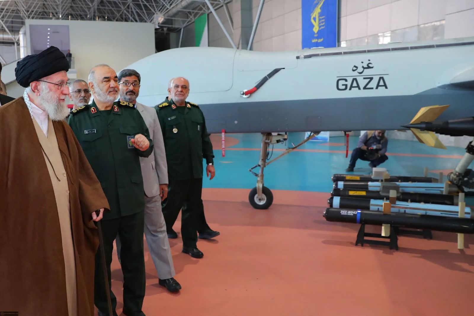 Iran's Supreme Leader Ali Khamenei inspecting an Iranian attack drone. 2023