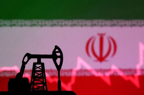 Iranian flag with stock graph and an oil pump jack miniature model are seen in this illustration taken October 9, 2023.