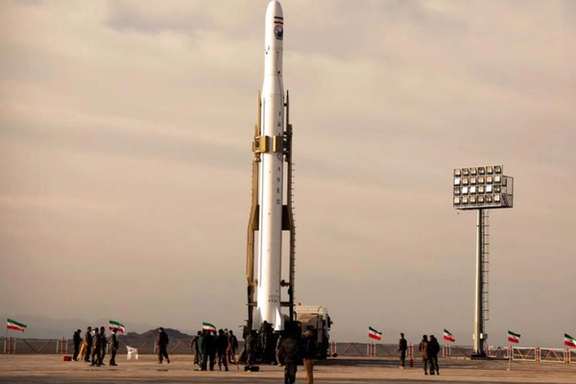 An Iranian satellite-carrying missile on launchpad in April 2020.