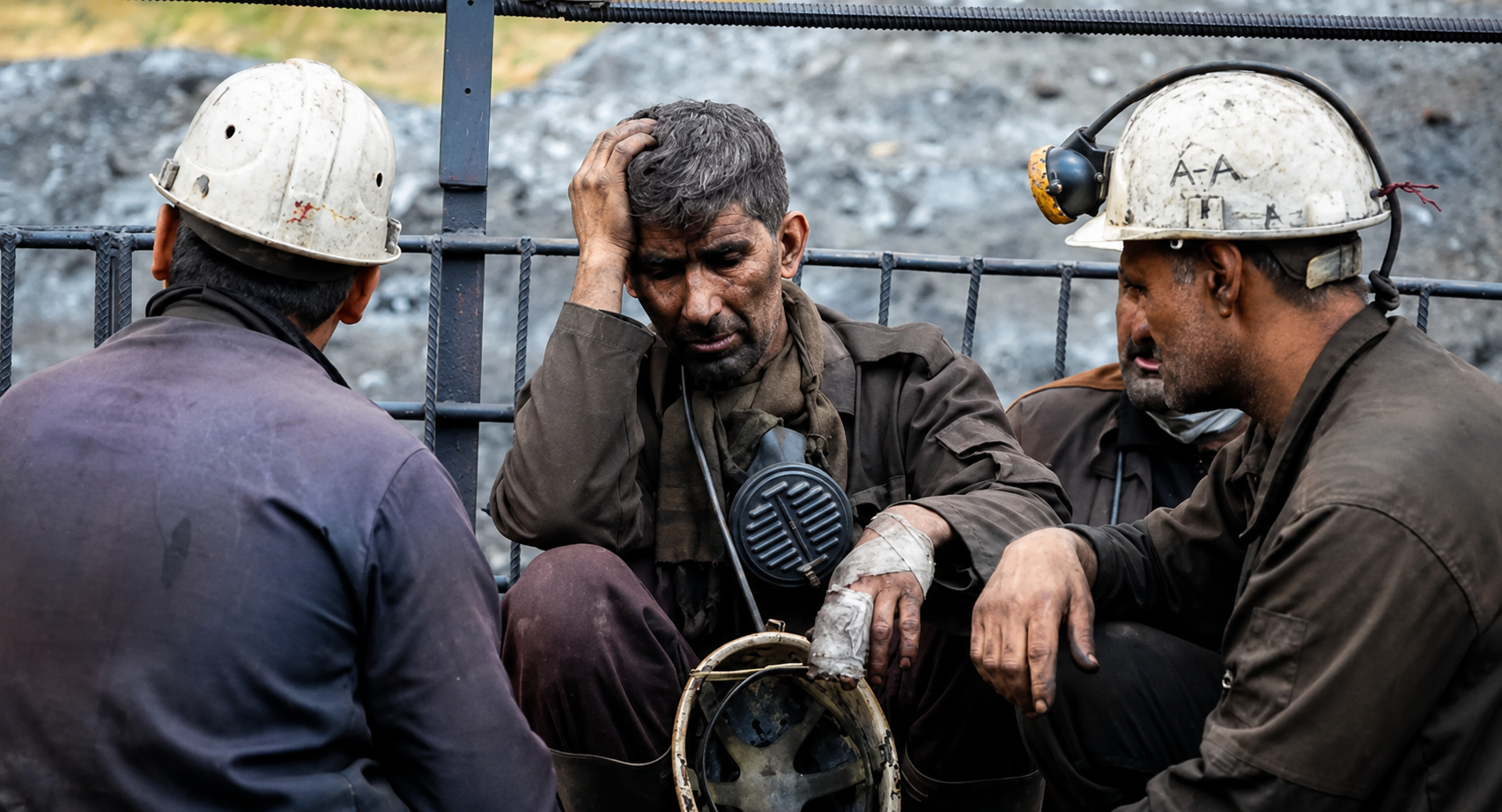File photo shows Iranian miners resting after work at a mine.