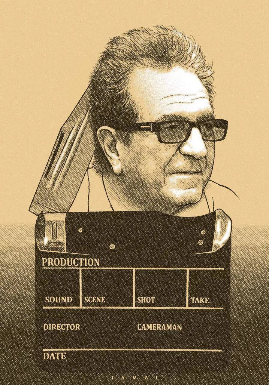 An artpiece published by Iranian daily Ham-Mihan to commemorate the death of Dariush Mehrjui  (October 2023)