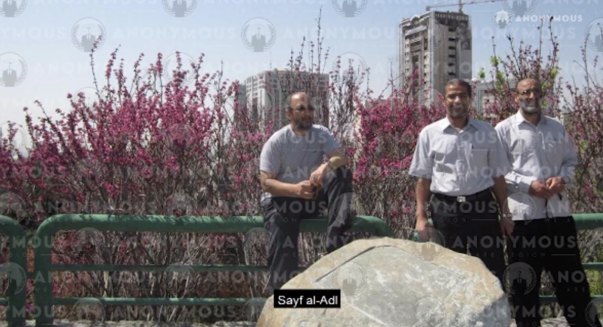 (From left to right) Al-Qaeda leaders Saif al-Adel, Abu Muhammad al-Masri, and Abu Abu al-Khayr al- Masri in Tehran, Iran, circa 2015. (Photograph from Anonymous hacking group) 