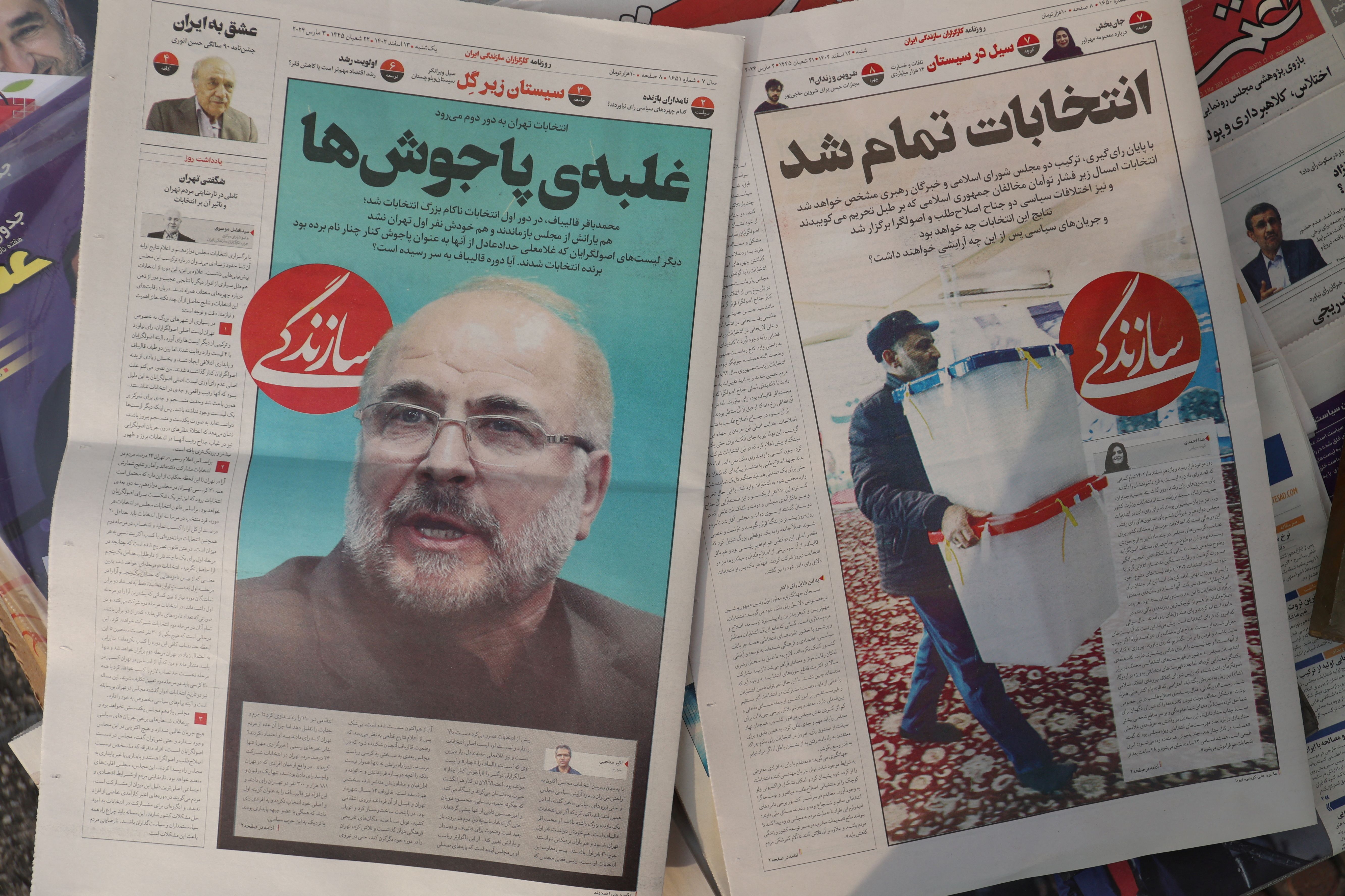 A newspaper with a cover picture of Speaker of the Parliament of Iran Mohamed Bagher Ghalibaf, is seen in Tehran, Iran March 3, 2024. 