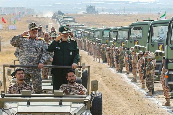 Revolutionary Guard's commander-in-chief Hossein Salami (in green) during a war game in 2022