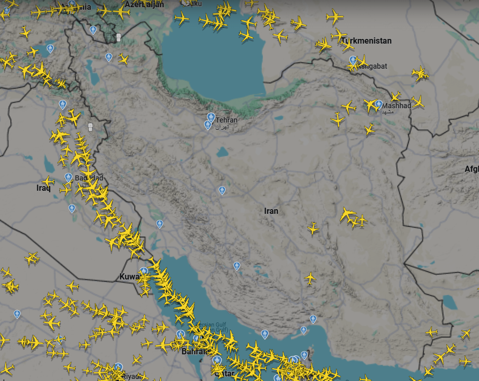Screenshot from Flightradar24 taken on June 28, 2025, shows partially reopened Iranian airspace