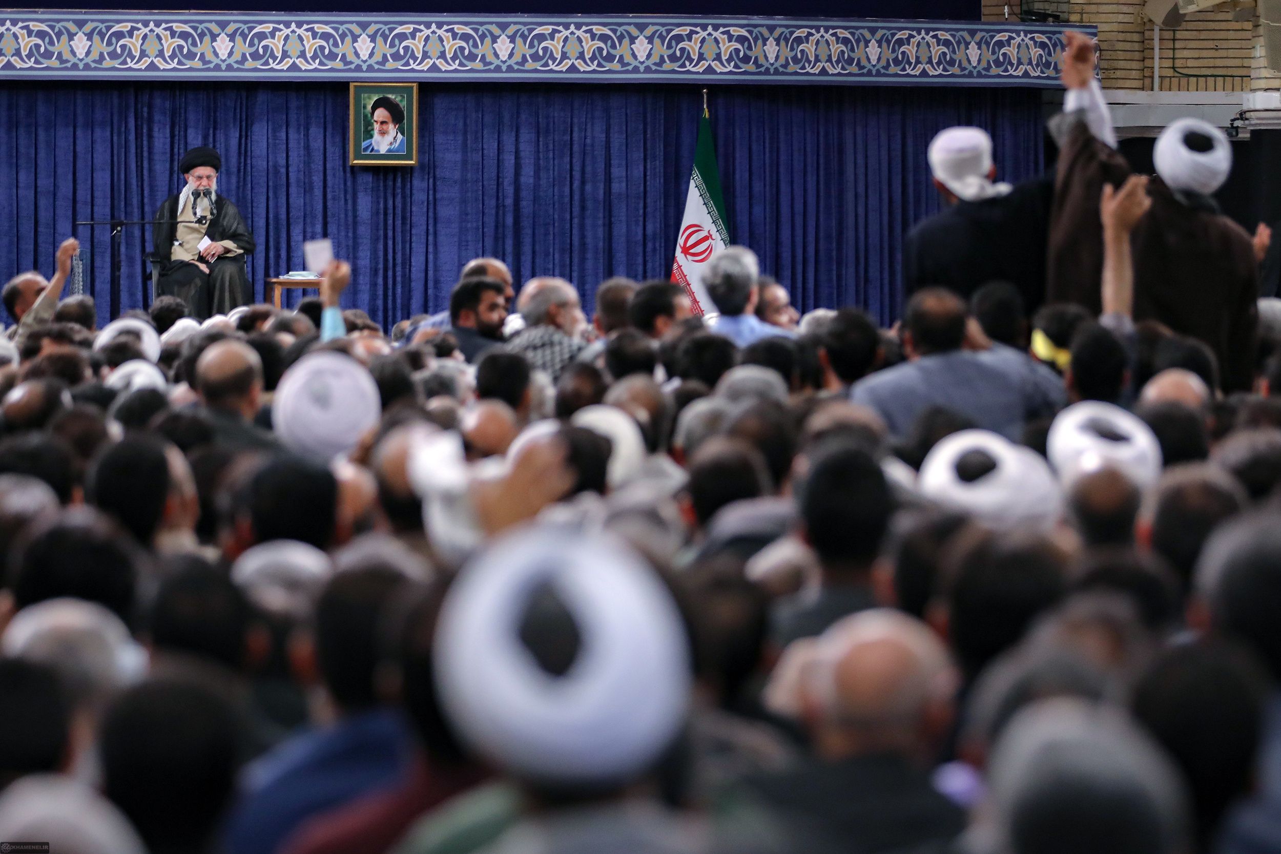 Iran’s Supreme Leader Ali Khamenei during a meeting with a group pf people from provinces of Sistan-Baluchestan and South Khorasan in Tehran on September 11, 2023  