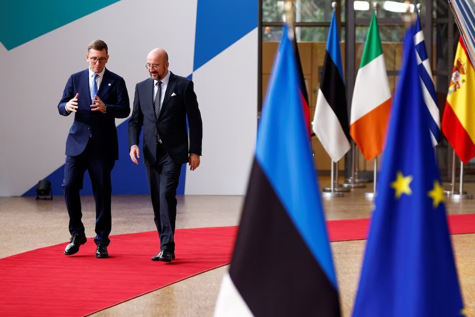 European Council President Charles Michel walks with Estonia's Prime Minister Kristen Michal on the day of their bilateral meeting, during the joint European Union and the Gulf Cooperation Council (GCC) summit, in Brussels, Belgium October 16, 2024.