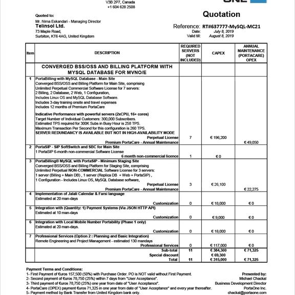 Screenshot of a PortaOne commercial quotation to Telinsol