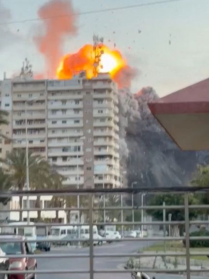 Flames rise following a strike in Tyre, Lebanon, on May 28, 2026, in this screengrab obtained from a social media video.