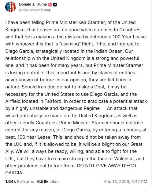 Trump post on Truth Social, February 18, 2026