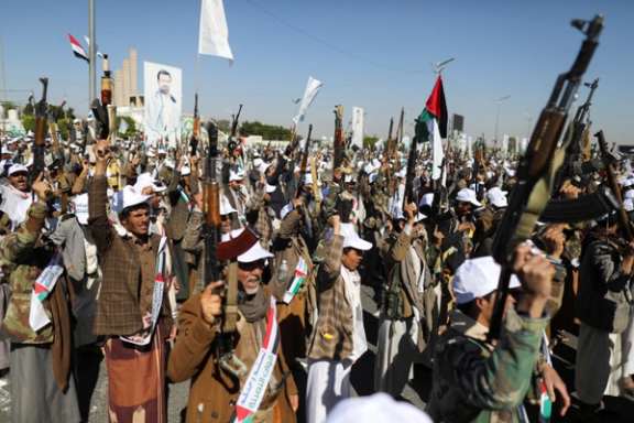 Supporters of Iran-backed Houthis demonstrate to show support to the Palestinians in the Gaza Strip in Sanaa November 18, 2023.