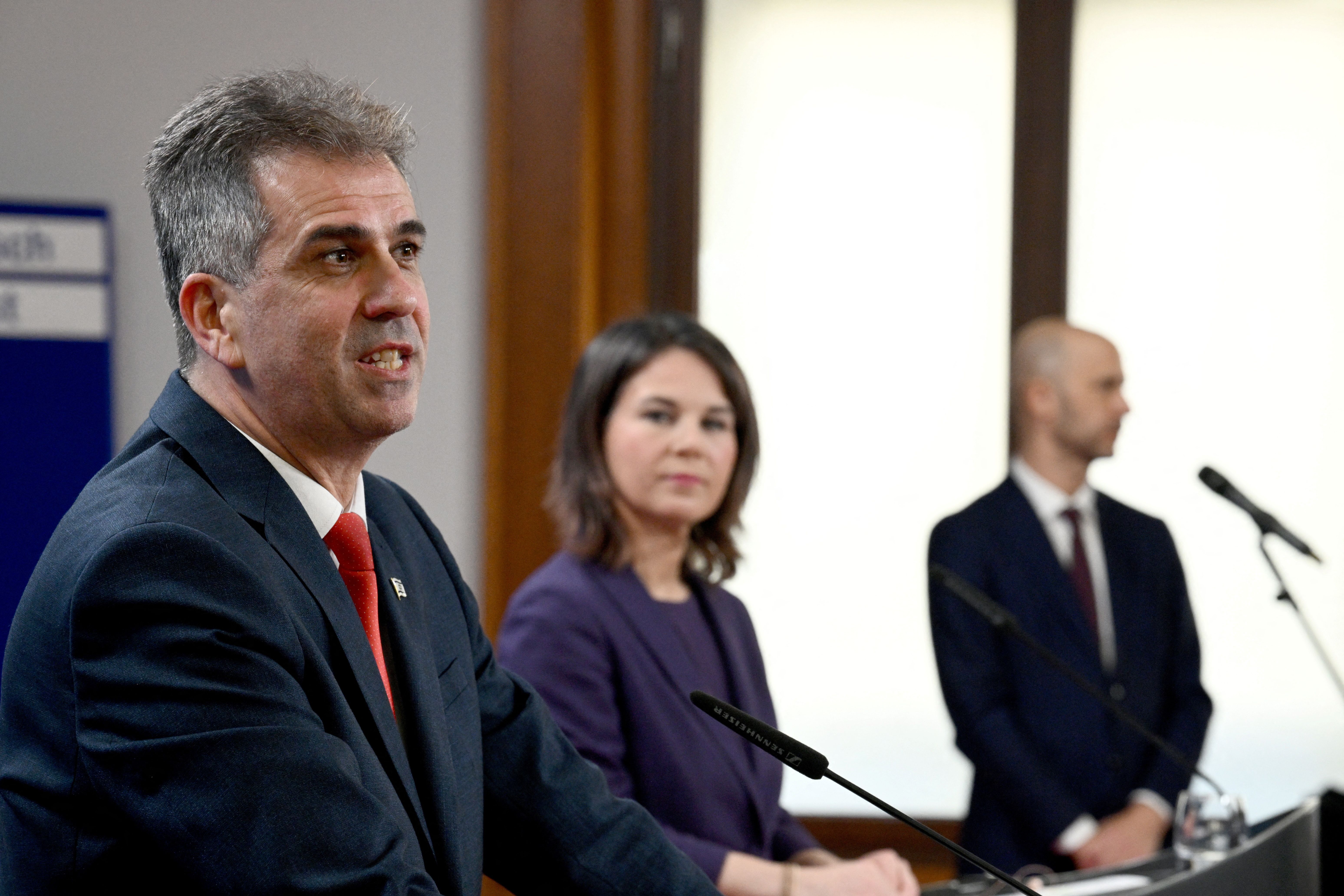 German Foreign Minister Annalena Baerbock and Israeli Foreign Minister Eli Cohen speak to reporters as part of Israel's efforts "to stop Iran from obtaining nuclear weapons" in Berlin, Feb. 28, 2023