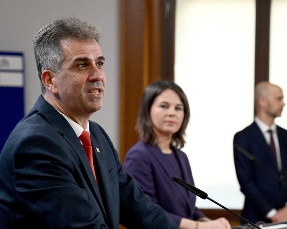 German Foreign Minister Annalena Baerbock and Israeli Foreign Minister Eli Cohen speak to reporters as part of Israel's efforts "to stop Iran from obtaining nuclear weapons" in Berlin, Feb. 28, 2023