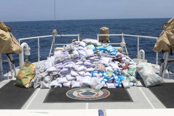 Bags of illegal drugs sit on the deck of US Coast Guard fast response cutter USCGC Glen Harris (WPC 1144) for inventory during a seizure in the Gulf of Oman, May 10, 2023.